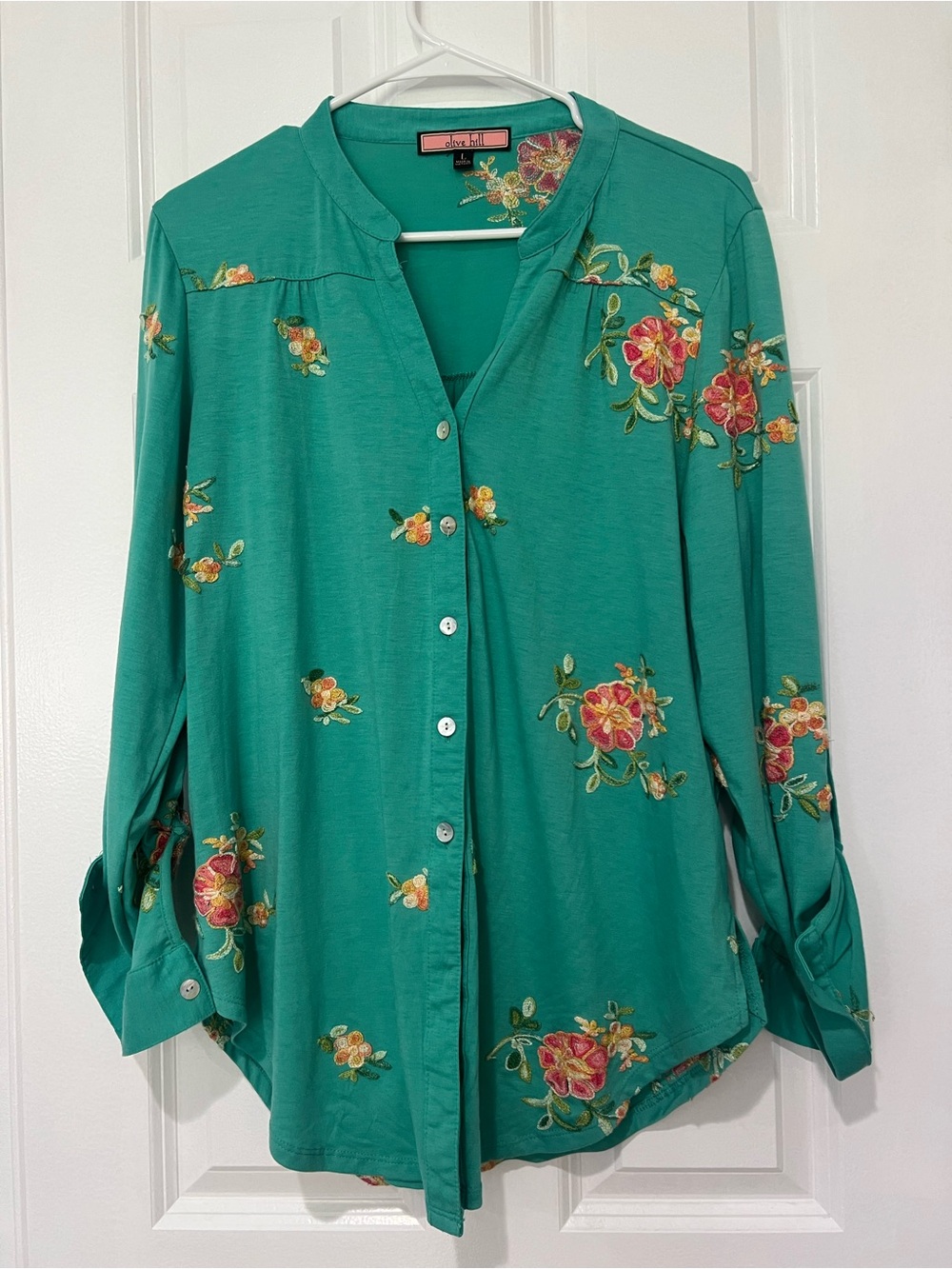 Olive Hill size Large Floral Button-Front Women's Blouse Top Shirt green